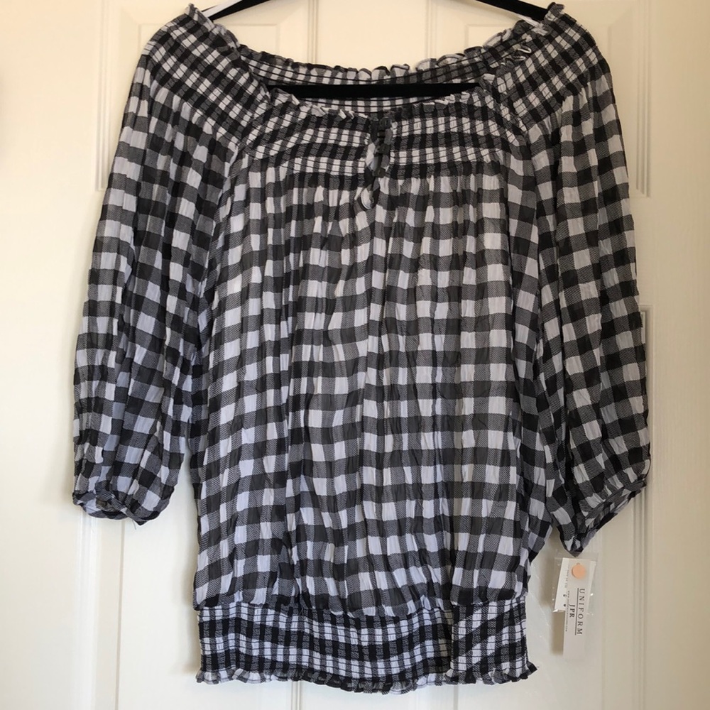 Black/white checkerboard light thin fabric blouse